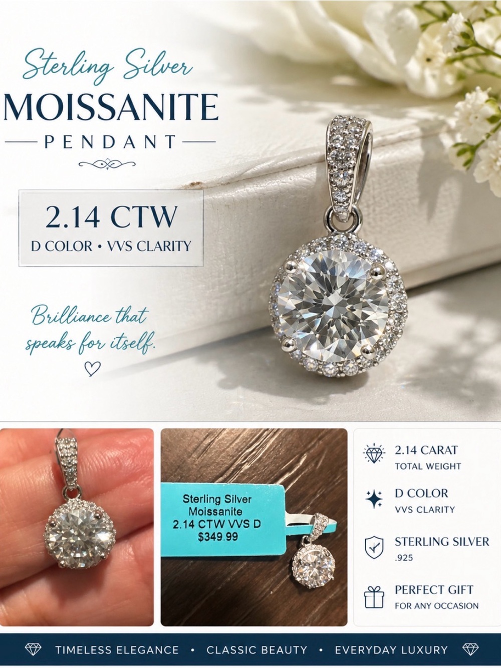 Sterling Silver 2.14 CTW Moissanite Pendant - D Color VVS (Silver) - Picture 1 of 1